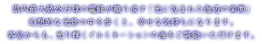 “県内最大級28万球の電飾が織り成す「光に包まれた海辺の楽園」幻想的な光景の中を歩くと、幸せな気持ちになります。客室からも、光り輝くイルミネーションの海をご堪能いただけます。